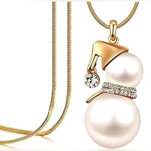 18K Gold & Pearl Snowman With Diamond Accent Pendantt Sweater Necklace